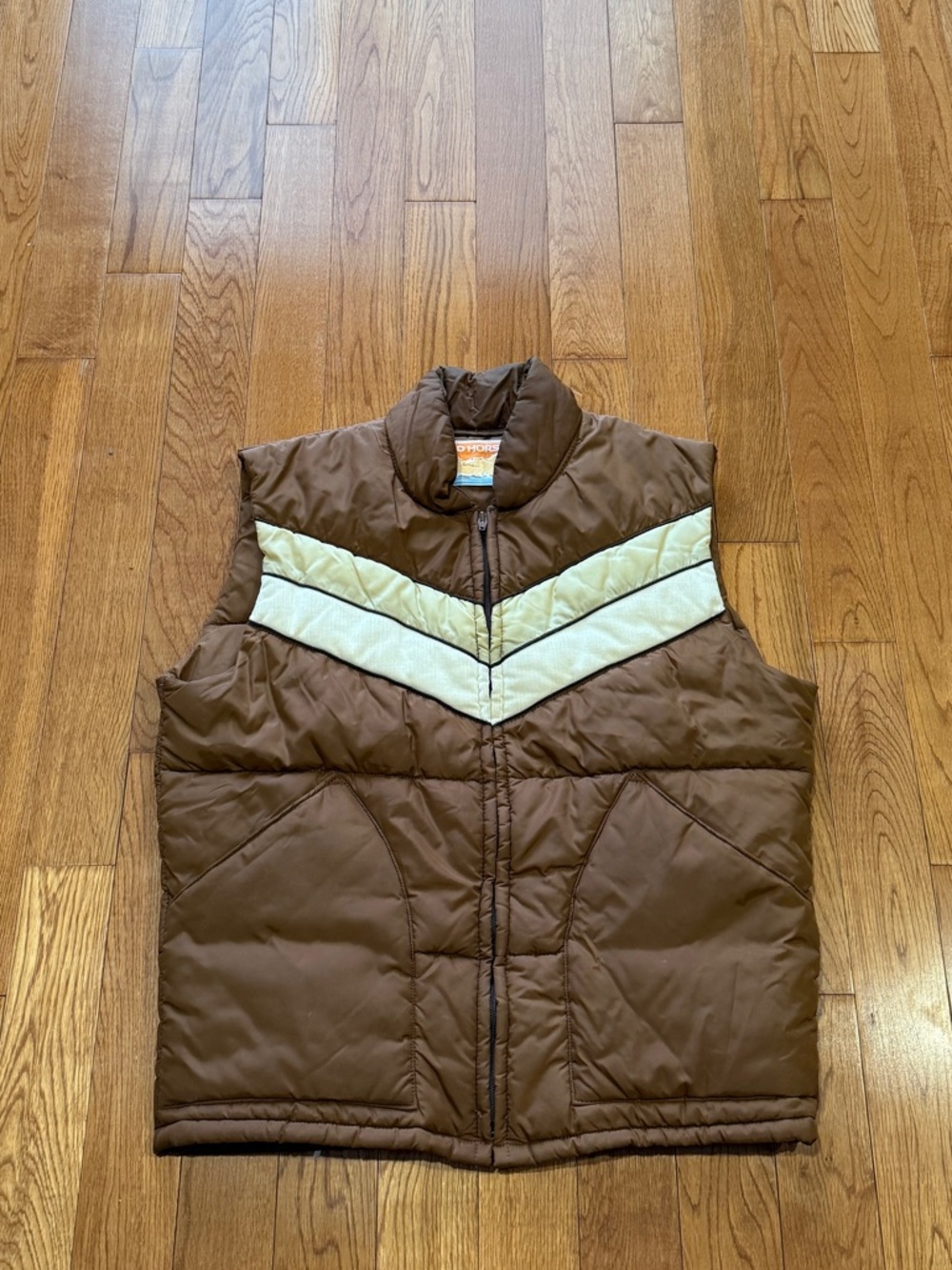 Brown Puffer Vest with Cream Chevron Stripe - Men
